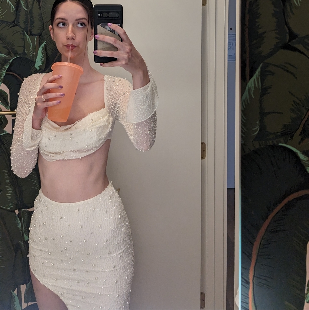 Oh Polly embellished two piece set white pearl beaded